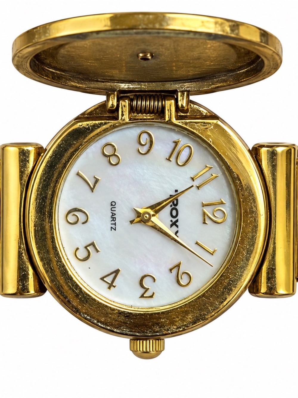 Vintage POV Gold Tone Jeweled Flip Top Cuff Bangle Watch